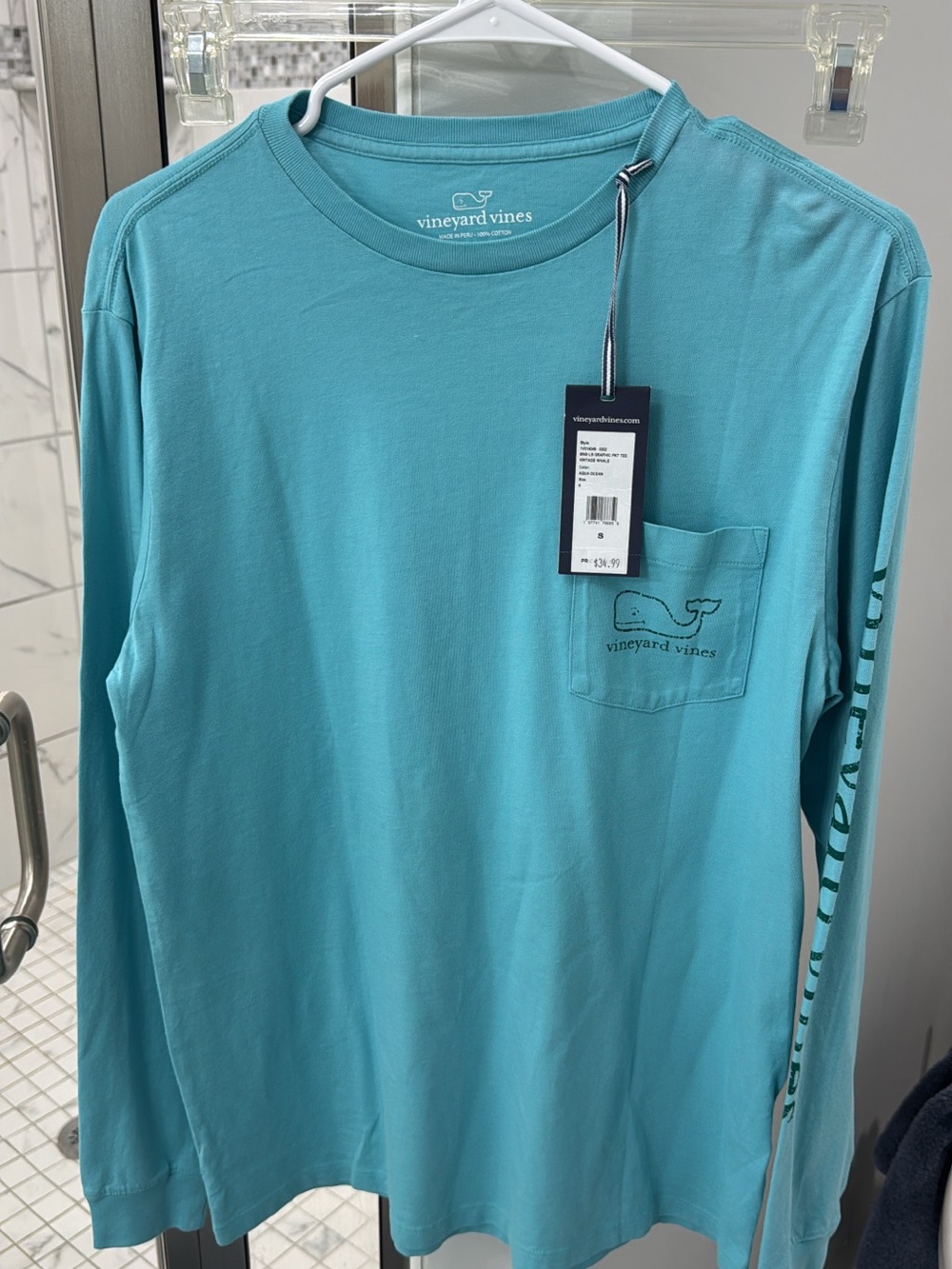Vineyard Vines Teal Long Sleeve Pocket Tee with Whale Chest Logo